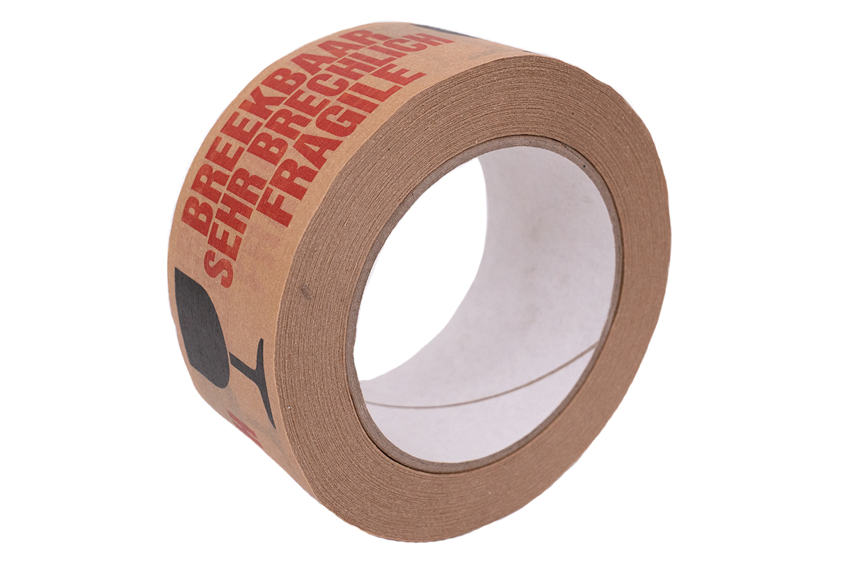Papieren tape - 50mm x 50m ''breekbaar' zwart/rood (3 talen)