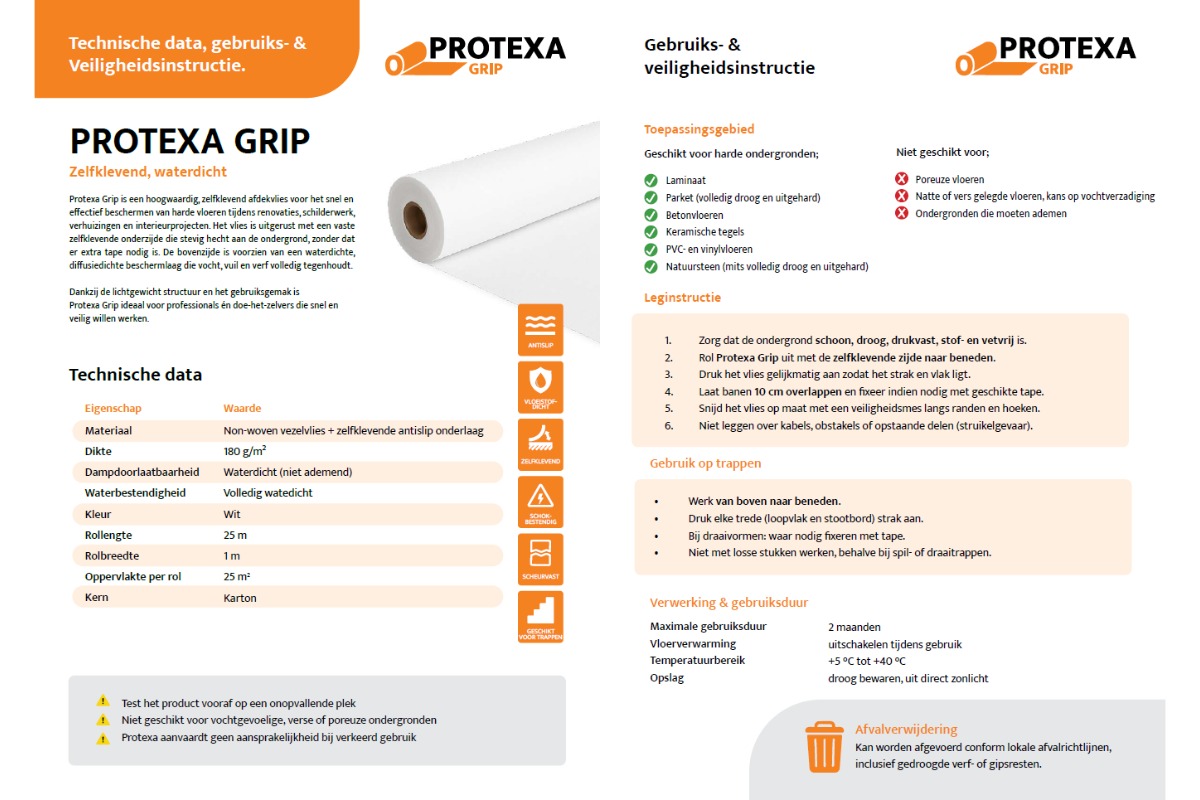 Protexa Grip Vloer afdekvlies zelfklevend wit - 60cm x 25m (180gr/m²)
