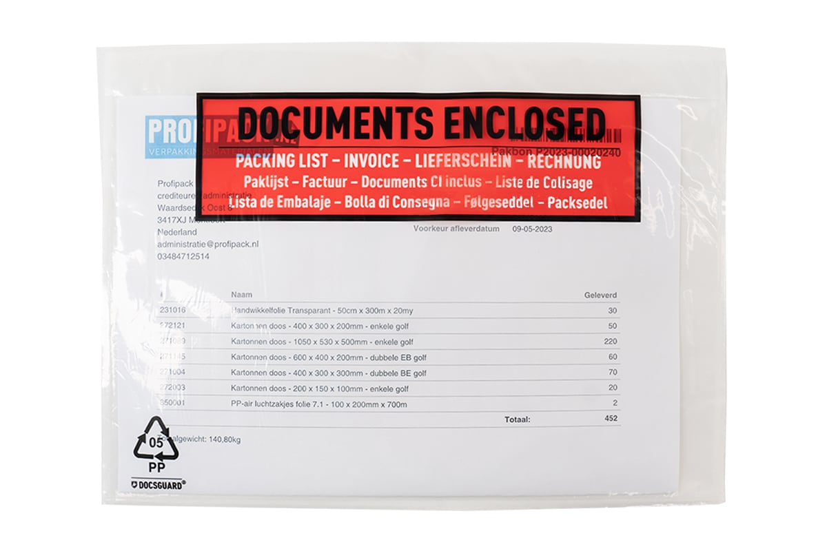 Paklijst enveloppen Documents Enclosed - 225 x 165mm (1.000 st)