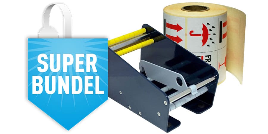 Etikettendispenser klein voor 1 rol met etikketen "Fragile / Keep dry"