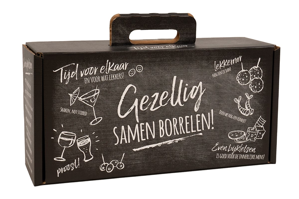 Borrelbox zwart op wit - 390 x 200 x 120mm + handvat