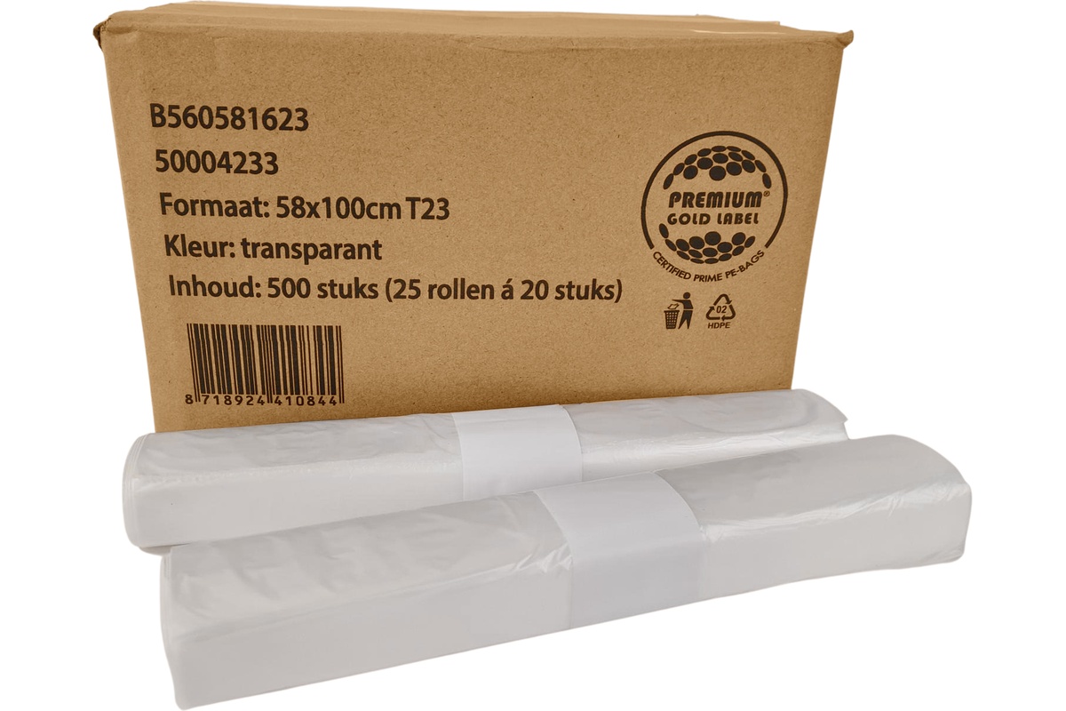 HDPE Afvalzak transparant 70L - 58 x 100 cm x T23 (500st)