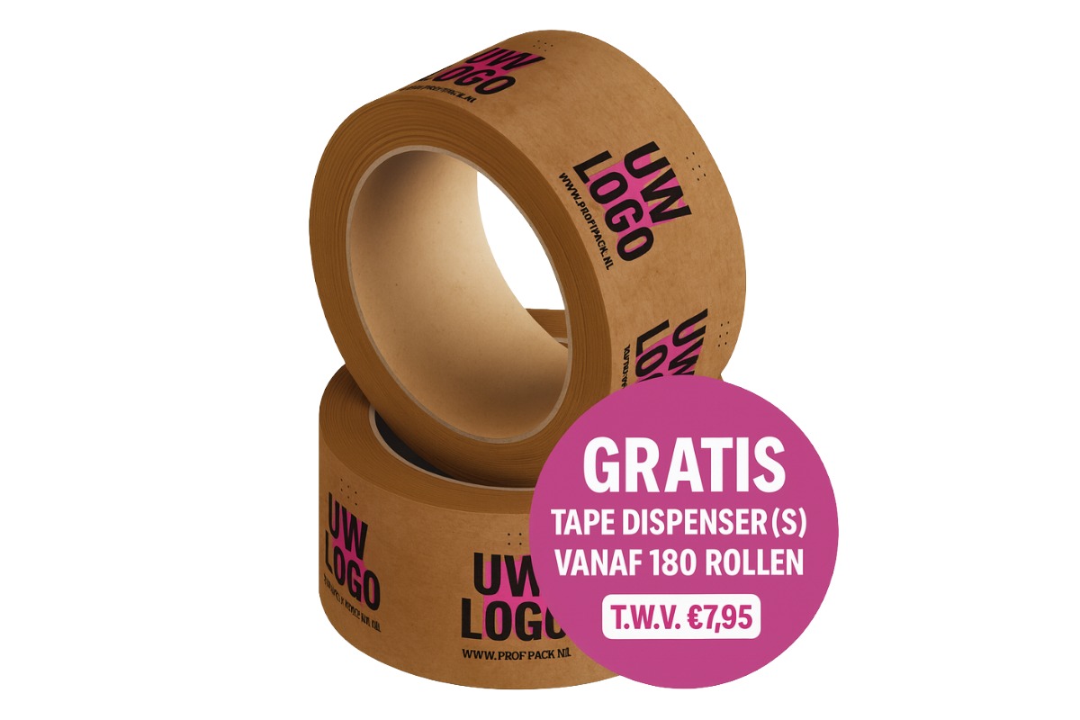 Bedrukte papieren tape bruin - 50mm x 50m (3 kleuren) Bedrukte papieren tape bruin - 50mm x 50m (3 kleuren)