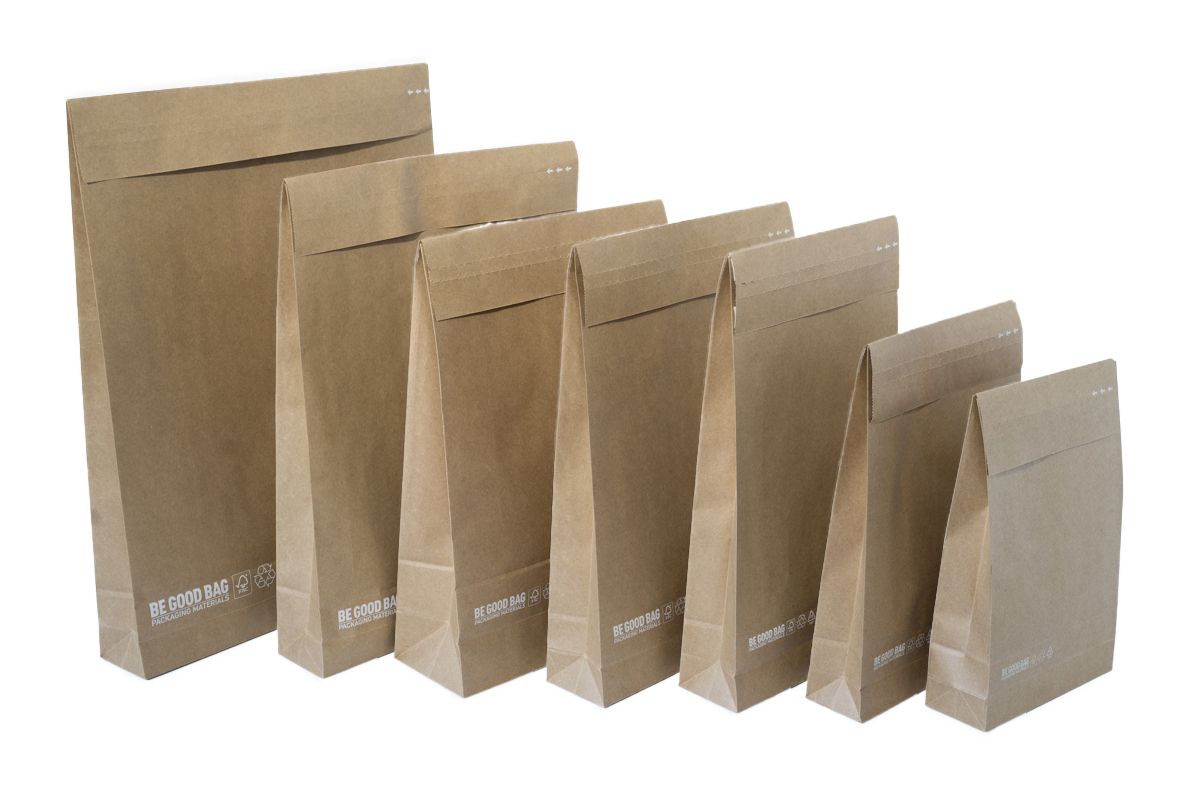 Papieren verzendzakken ''Be good bags'' 1 zijde bedrukt - 450 x 550mm + 80mm