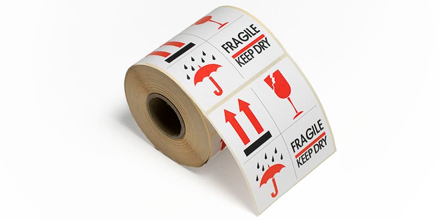 Etikettendispenser klein voor 1 rol met etikketen "Fragile / Keep dry"