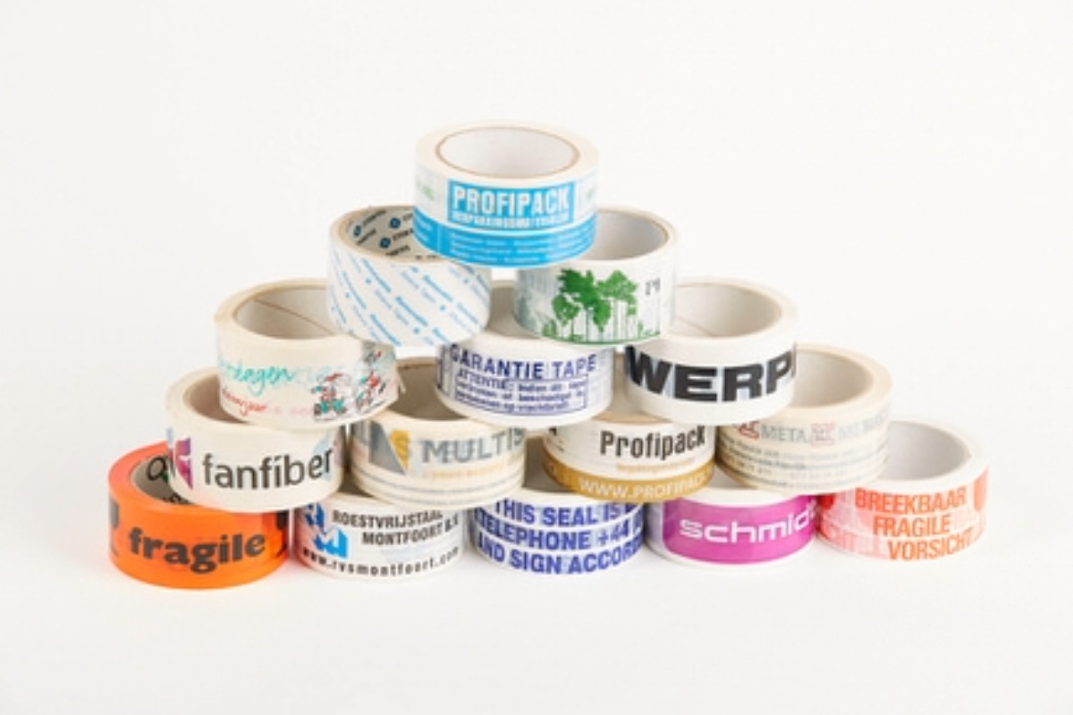 Bedrukte PP acryl tape - 25mm x 66m (1 kleur)