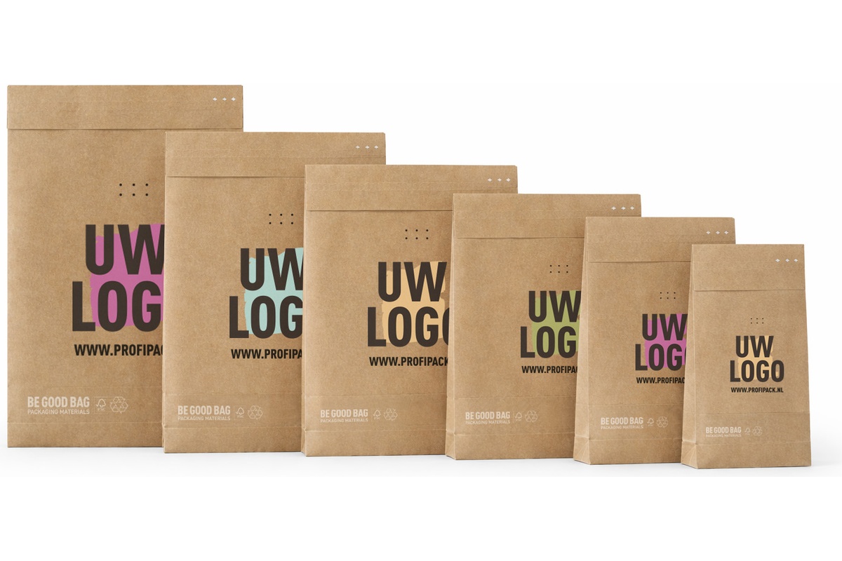Papieren verzendzakken ''Be good bags'' 2 zijdes bedrukt - 320 x 430mm + 120mm