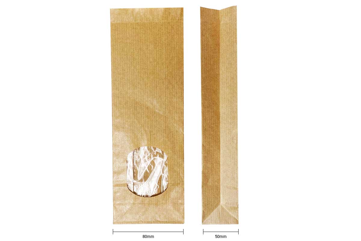 Blokbodemzakken kraft met venster - 80 x 50 x 250mm (100 st)