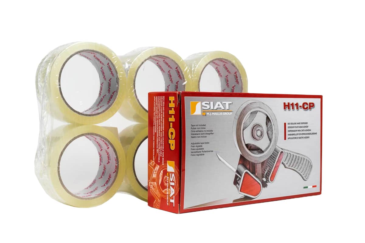 Tape dispenser + 6 rollen PP acryl tape transparant - 50mm