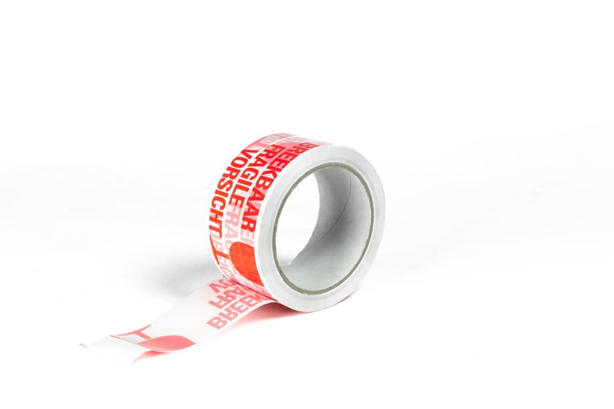 PP Hotmelt waarschuwingstape 'breekbaar' rood-wit - 50mm x 66m (6 st) + dispenser