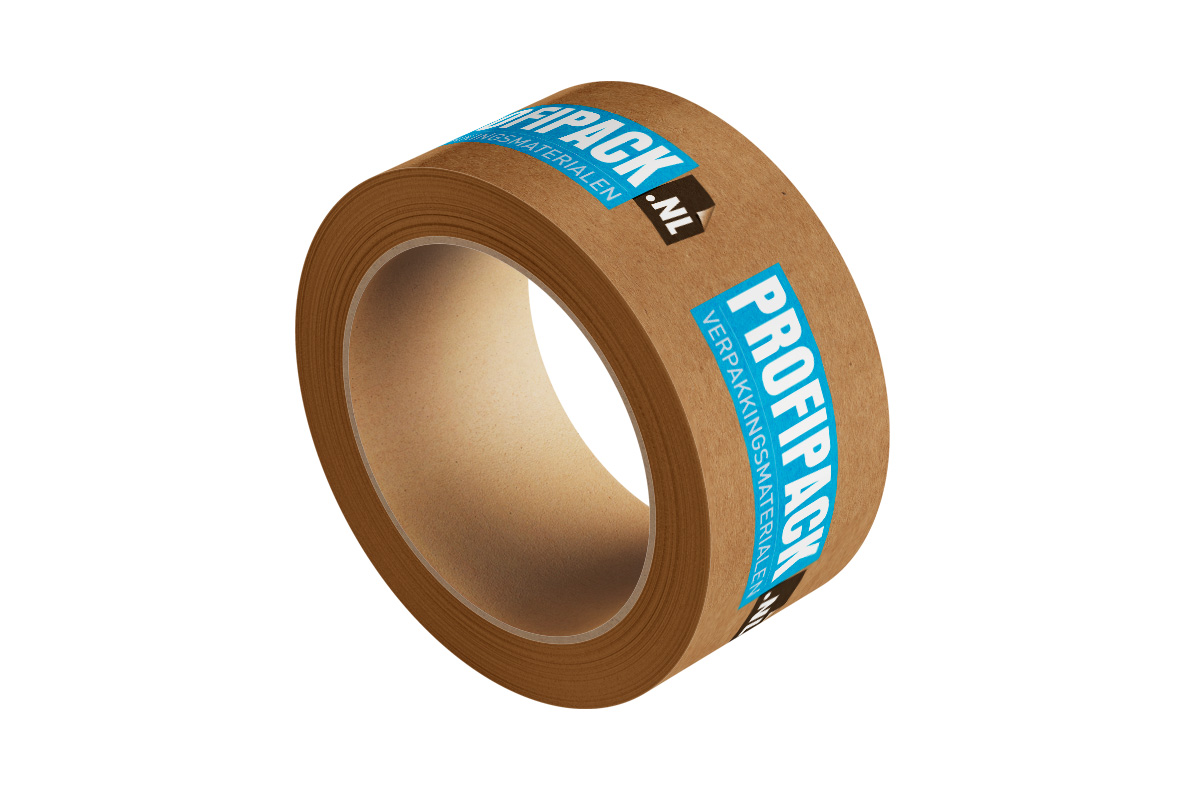 Bedrukte papieren tape bruin - 50mm x 50m (3 kleuren) Bedrukte papieren tape bruin - 50mm x 50m (3 kleuren)